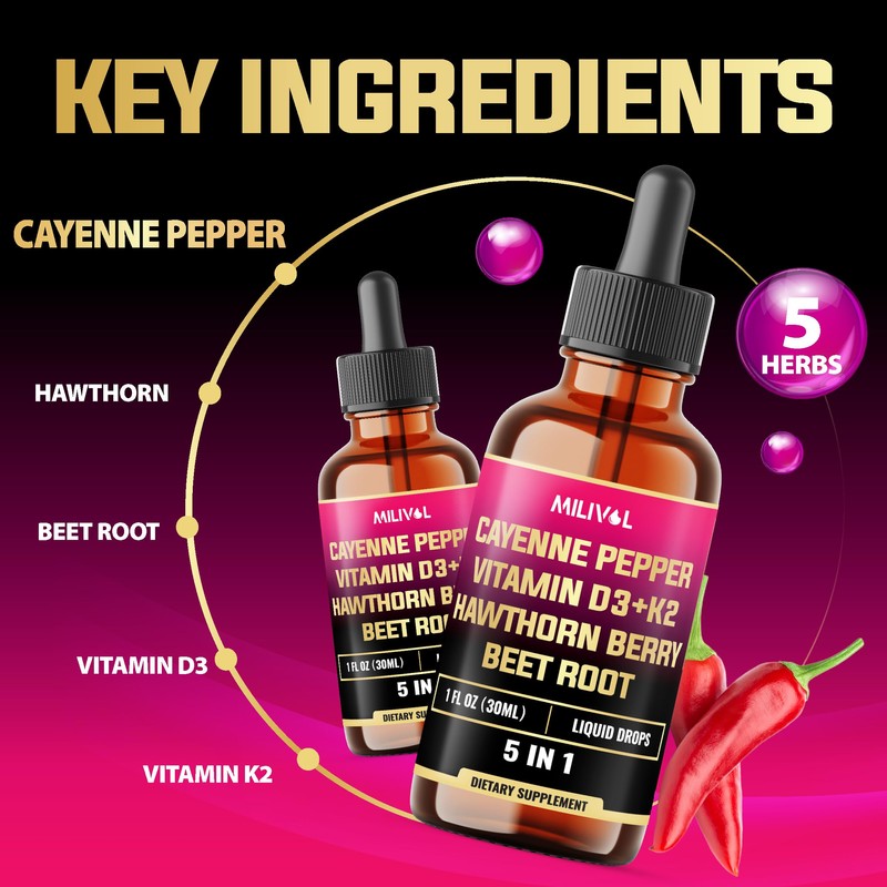 MILIVOL 5in1 Cayenne Pepper Liquid Drops with Hawthorn Berry and