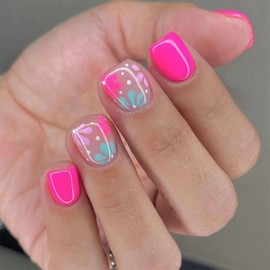 Flower Press on Nails Short Pink Fake Nails with Colorful Flower Designs Glossy Glue on Nails Spring Summer False Nails Press ons Square Stick on Nails for Women 24 Pcs