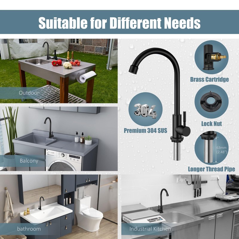 Aolemi Cold Water Only Kitchen Faucet Black 304 Stainless Steel