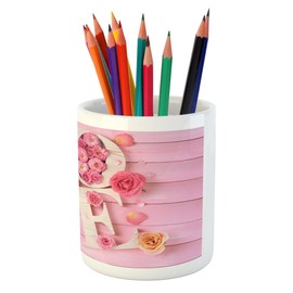 Lunarable Pale Pink Pencil Pen Holder, Wooden Love Letters on Rustic Wooden Background Floral Romance Valentines Theme, Printed Ceramic Pencil Pen Holder for Desk Office Accessory, Cream Peach