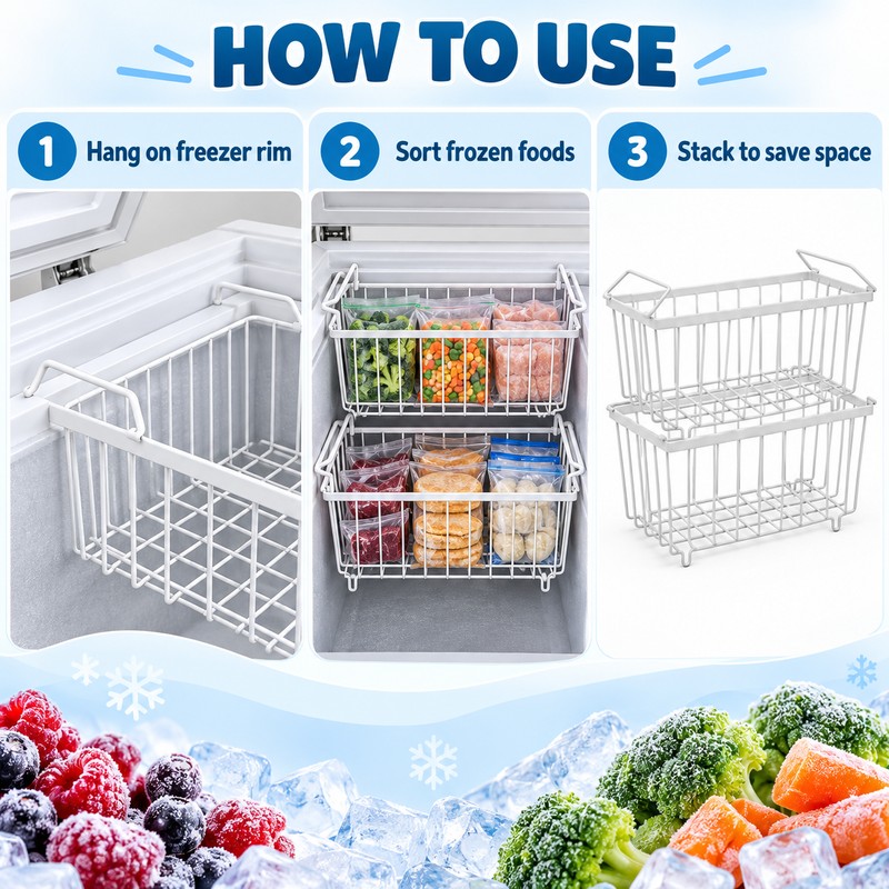 4 Pack Stackable Chest Freezer Organizer Baskets – Metal Wire