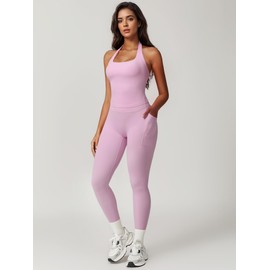 RXRXCOCO Open Back Workout Sets for Women 2 Piece Halter Tank Tops Hidden Scrunch Leggings Matching Set with Pockets Light Pink Large