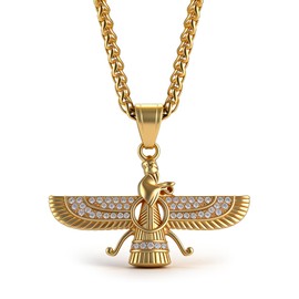 Fusamk Fashion Faravahar Necklace for Men Women Zoroastrian Winged Pendant Stainless Steel Gold Plated Persian Jewelry Iranian Symbol Necklace with Box Chain 60cm(Gold)