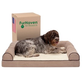 Furhaven Memory Foam Dog Bed for Large Dogs w/ Removable Bolsters & Washable Cover, For Dogs Up to 95 lbs - Sherpa & Chenille Sofa - Cream, Jumbo/XL