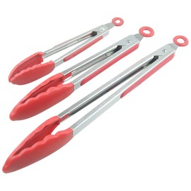 AINAAN Three-Piece Kitchen Tongs-Stainless Steel Silicone BBQ（2019）, 7, 9, 12 Inch, Red