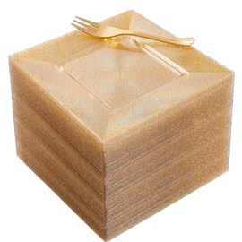 Supernal 200Pcs 6" Dessert Plates Gold Glitter with Gold Plastic Forks 5.7",Plastic Square Plates for 100 Guests,Party Plastic Salad Plates Appetizer Square Plates Suit for Party, Wedding, Birthday