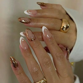 Almond Press on Nails Short Fake Nails White French Tip Press on Nails Golden Line Acrylic Nails Press on False Nails 3D Rhinestone Glue on Nails Short Almond Nails Stick on Nails for Women 24PCS