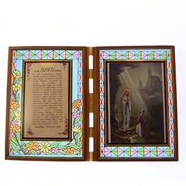 C BC Stained glass double frame plaque with Prayer to Our Lady of Lourdes and image 18cm