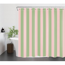LB Green and Pink Striped Shower Curtain, 180 x 200 cm (W x H), Abstract Geometry, Anti-Mould, Waterproof Bathroom Curtains, Modern Art, Extra Long Polyester Fabric Bathroom Curtain with Hooks