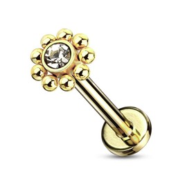 PiercedOff Gold Tone 316L Surgical Steel Labret with Clear CZ Centre and Ball Design - Length 8mm Width 1.2mm