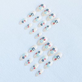 Short Almond Press on Nails French Tip Fake Nails Nude False with Flower Designs Acrylic Artificial Nails Full Cover Glue on Nails Stick on Nails for Women Girls 24 Pcs (White-16, Nails-16)