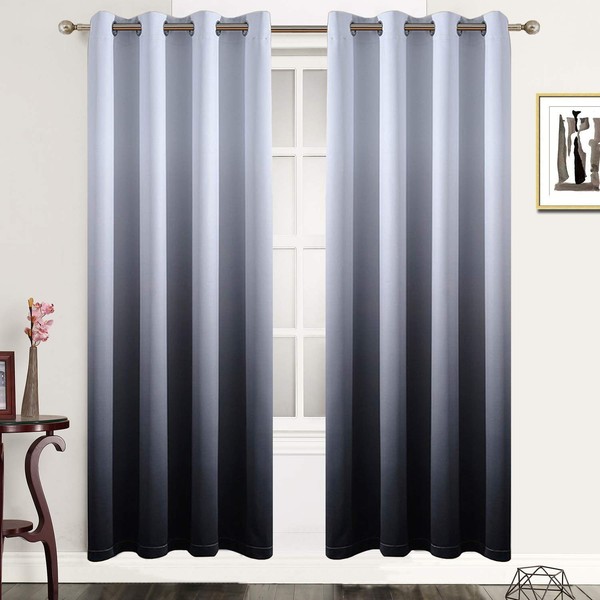 Gradient Color Ombre Blackout Curtains Black Thickening Polyester Eyelet Top Panels Thermal Insulated Grommet Window Treatment Drapes for Living Room/Bedroom (Black, 52W x 72L / 2 Panels)