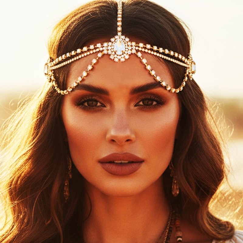 GORAIS Rhinestone Head Chain Gold Crystal Headpiece Egyptian Costume Headband