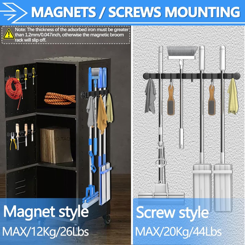 3-H Magnetic Broom Holder Wall Mounted 1 Pack, Strong Magnetic