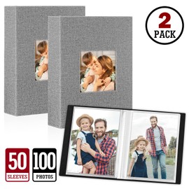 Lanpn Photo Albums 7x5 Pockets, Linen Slip in Top Loading Photo Album Holds 100 Portrait 13x18cm Pictures (Grey, 2 Packs)