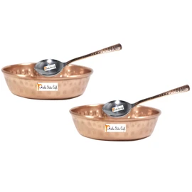 Prisha India Craft Pure Copper Serving Bowl with Spoon Set, Hammered Design, Diameter 4.50 Inch, Set of 2