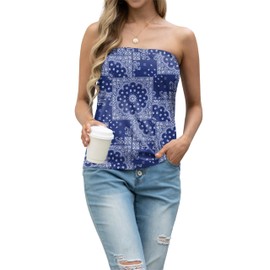 IWOLLENCE Women's Paisley Tube Tops Western Aztec Graphic Backless Strapless Top Sleeveless Bandeau Tanks Shirt Flowy Beach Coverups Navy Ethnic Kerchief, M