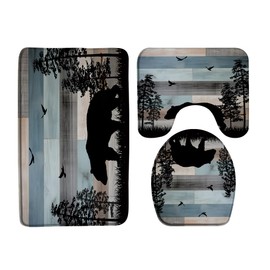 DSMEUE Rustic Bear 3 Piece Bath Mat Sets,Cabin Wildlife Vintage Wooden Board Tree Forest Animal Country Nature Black Blue Bathroom Rugs,16"x24"Bath Mat,Toilet Seat Cover, U-Shaped Toilet