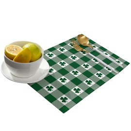 St. Patrick's Day Green Shamrock Clover Placemats Set of 6 for Dining Table Cotton Linen Tablemats Spring Holidays Deoration Green White Buffalo Check Plaid Heat Resistant Non-Slip Washable Table Mats