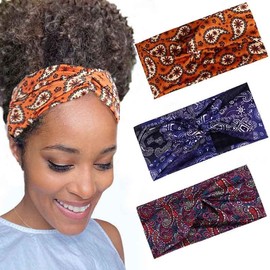 Fashband Boho Headbands Blue Flower Head Scarf Elastic Hair Bands Criss Cross Headwraps for Women and Girls (Pack of 3)