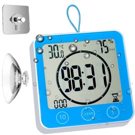 Waterproof Hanging Wall Clock Shower Timer, Large Digital Bathroom Alarm Clock for Kids, Big Visual Kitchen Cooking Countdown Timer, Bath Temperature Humidity Meter Mirror Suction Cup Timer (Blue)