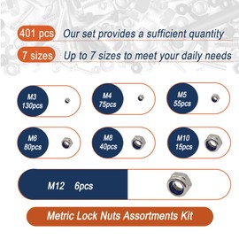 Nylon Insert Lock Nuts 401pcs 304 Stainless Steel Nylon Locknuts Metric DIN 985 Assortment Set Hex Lock Nuts Kit with Storage Box M3 to M12 Anti-Loose Corrosion-Resistant for RC Models Machinery DIY