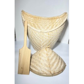 Cooking Rice Bamboo Steamer Basket with Lid and Paddle, Thai Import, Medium