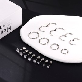 Titanium Screw Back Stainless Steel Stud and Hoop Earrings for Women Men (Silver Set-Clear CZ)