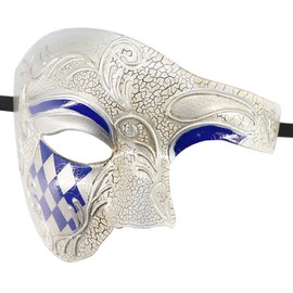 Coolwife Masquerade Mask Vintage Phantom Of The Opera One Eyed Half Face Costume (Checkered Blue)