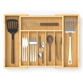 FoverOne Bamboo Kitchen Drawer Organizer, 13" to 23" Expandable Utensils Organizer and Cutlery Tray Holder, Drawer Divider for Silverware, Flatware