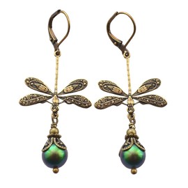 hsiyyecg Vintage Bronze Dragonfly Earrings Fashionable Gold Metal Carved Pattern Insect Earrings,Rhinestone Crystal Created Emerald Pearl Dangle Drop Earrings Jewelry Gift for Women
