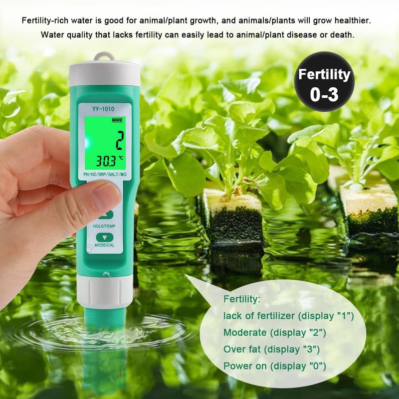 Hydrogen Water Tester 10 in 1 Resistivity/Fertility/H2/pH/TDS/EC/ORP/S.G/Salt/Temp Meter with ATC