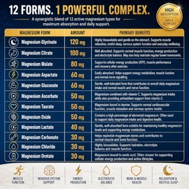 Magnesium 12-in-1 Complex, 700mg with Magnesium Glycinate, Citrate, Malate, Oxide, Taurate,Aspartate,Gluconate, Ascorbate,Lactate,Cabonate,Chloride and Orotate - 120 Capsules (120)