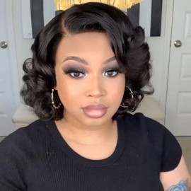 WIGNEE 10 Inch Side Part Short Curly Lace Wig Loose Wave Bob Wigs(Black) | Natural Black, 4×1 Lace, Curly Wave, Synthetic Hair, Glueless, Heat Resistant Fiber, Natural Looking, For Women Daily Wear