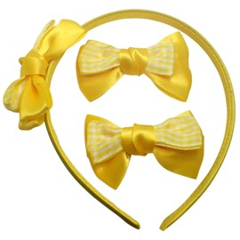 Topkids Accessories Girls Bow Headband Aliceband Gingham Bow Clips Gingham School Hair Accessories School Uniform Hair Set Suitable For Women, Ladies, Girls (Yellow)
