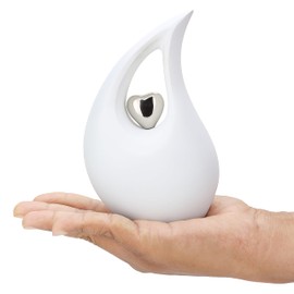 KEEPSAKE COMPANY White Teardrop Small Urns for Human Ashes/Mini Urn with Sky Blue Heart/Cremation Keepsakes for Ashes/Ash Holders (White - Silver, Small - S (15 Cu in))
