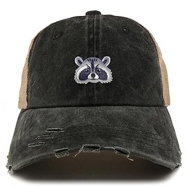 Trendy Apparel Shop Raccoon Embroidered Patch Frayed Bill Trucker Mesh Back Cap - Black