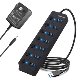 USB 3.0 Splitter with 5V/2A Power Adapter, 7-Port USB 3.0 Hub with Individual Power Switches and Lights, Portable Expansion Data Hub with 120cm Cable for Windows, Vista, XP, Linux, Mac OS X