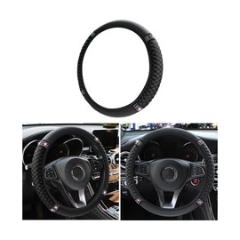 CGEAMDY Car Steering Wheel Cover, Leather Embroidered Colour Diamond Studded Elastic Steering Wheel Cover, Non-Slip Universal Car Steering Wheel Cover, for All Seasons (Black)