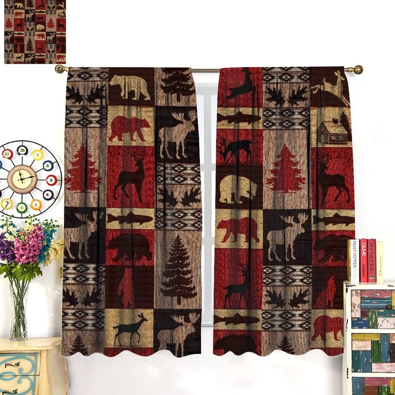 Kazynee Vintage Check Black Bear Blackout Curtains for Bedroom,Rustic Country