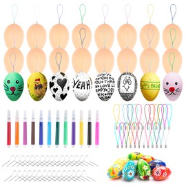 Easter Egg Decorations, Plastic Easter Crafts for Kids to Paint, 24 Pcs Eggs to Decorate with 12 Color Pens and Ropes, 6cm Hanging Ornament Set for Painting DIY Tree (Brown)