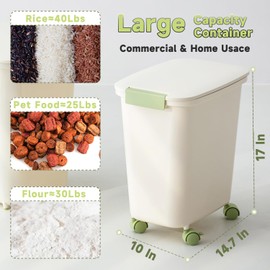 LivLab Mker Large Rice Storage Container 30-40 lbs, Airtight Dry Food Storage Bin with Lids, Great for Pet/Cat/Dog Food Storage Dispenser 25 lbs, Detachable wheels, Easy Mobility, BPA Free, Green