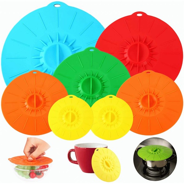 Daxiongmao 7 Pack Silicone Lids, Microwave Cover for Food, Silicone Stretch Lids and Food Covers, 5 Sizes Reusable Heat Resistant Food Lids fits Cups, Bowls, Plates, Kitchen Gadgets, Gifts for Women