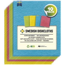 Swedish Dishcloths - 10 Pack Absorbent, Reusable, & Washable Hand Wash Cloths for Kitchen, Dishwashing - Cellulose Sponge Kitchen Towels - Eco-Friendly Cleaning Paper Towel Alternative