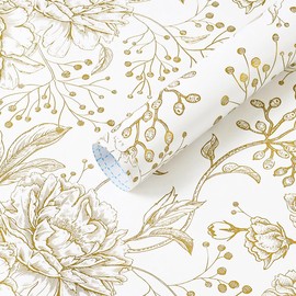 Safiyya Peel and Stick Wallpaper Boho Floral Contact Paper 78.7" x 17.3" Gold and White Wall Paper Modern Self Adhesive Removable Wallpaper for Bedroom Bathroom Vinyl Rolls
