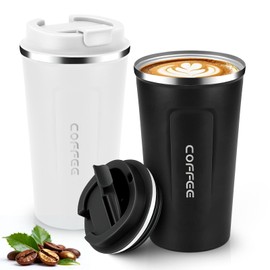 Vaso de Acero Inoxidable, Taza Termica Frio y Caliente para Cafe, Paquete de 2 Vasos de Acero Inoxidable 510 Ml se para Acampar, Casa, Fiesta (Negro +