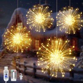 Acxilexy 4 Pack Firework Lights, 480 LEDs USB Powered Hanging Lights with 8 Modes, Waterproof Firework Lights, Remote Control, Copper Wire Hanging Firework Lights for Garden Yard Tree Decor