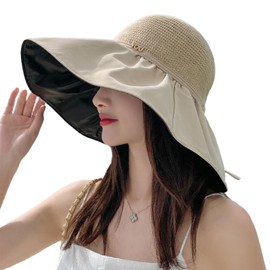 Fashion Packable UPF50+ Wide Brim Beach Hat Sun Block Hat UV Protection for Women Summer Fishing Hiking Hat Easy to Fold, Beige, X-Large