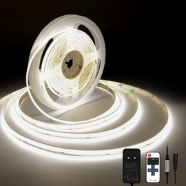 TTWAY COB LED Strip 4000 K Natural White, 5 m Dimmable, Flexible 24 V COB LED Strip Light Set, 480 LEDs/M, GS Power Supply, with RF Remote Control, CRI90+ Bright Under-Unit Light for TV, DIY