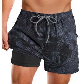 APTRO Men's Swimming Shorts Swimming Trunks with Inner Shorts Quick-Drying Board Shorts with Zip Pockets Sports Shorts, Grey Mk385